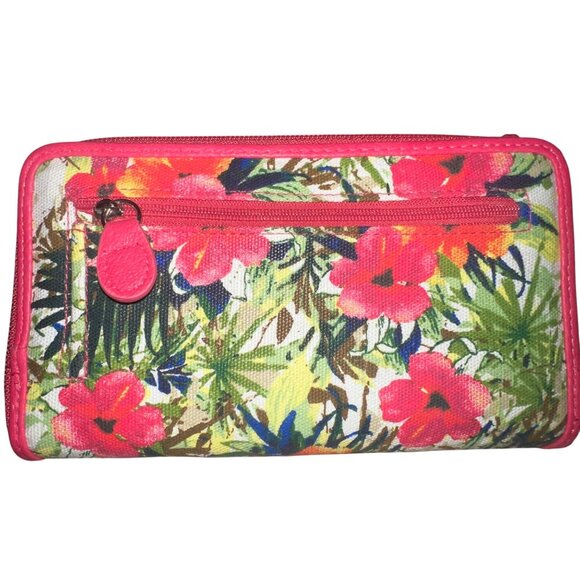 Floral Canvas Womens Wallet Snap Closure Zipper Pocket Pink Trim - Picture 2 of 6